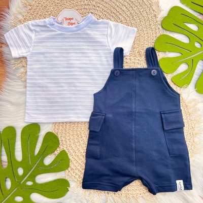  Conj. Camiseta com Listras e Jardineira em Moletinho - Marinho e Branco